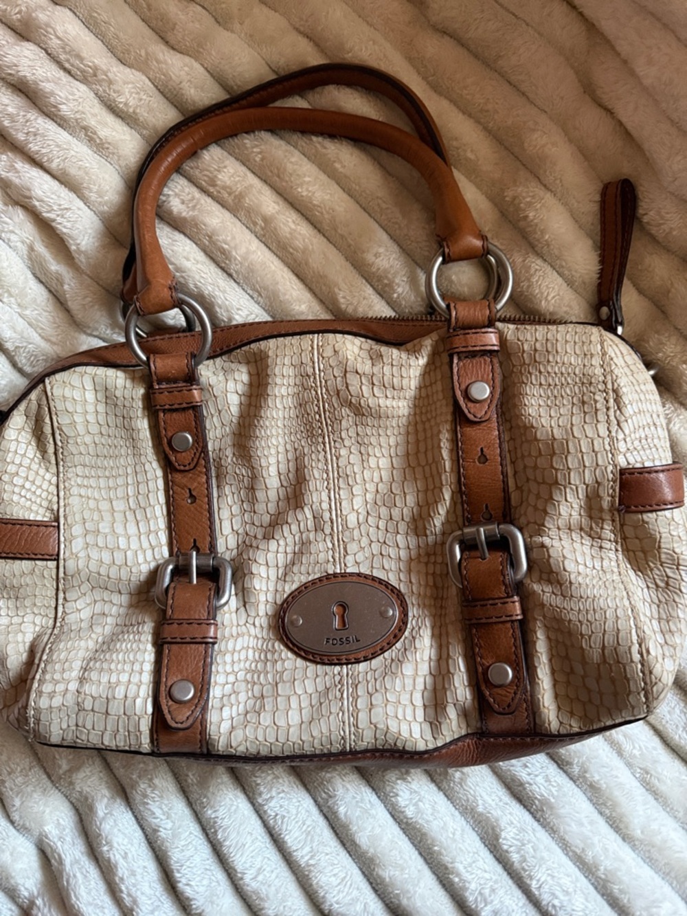 Fossil Cream Satchel with Brown Leather Trim